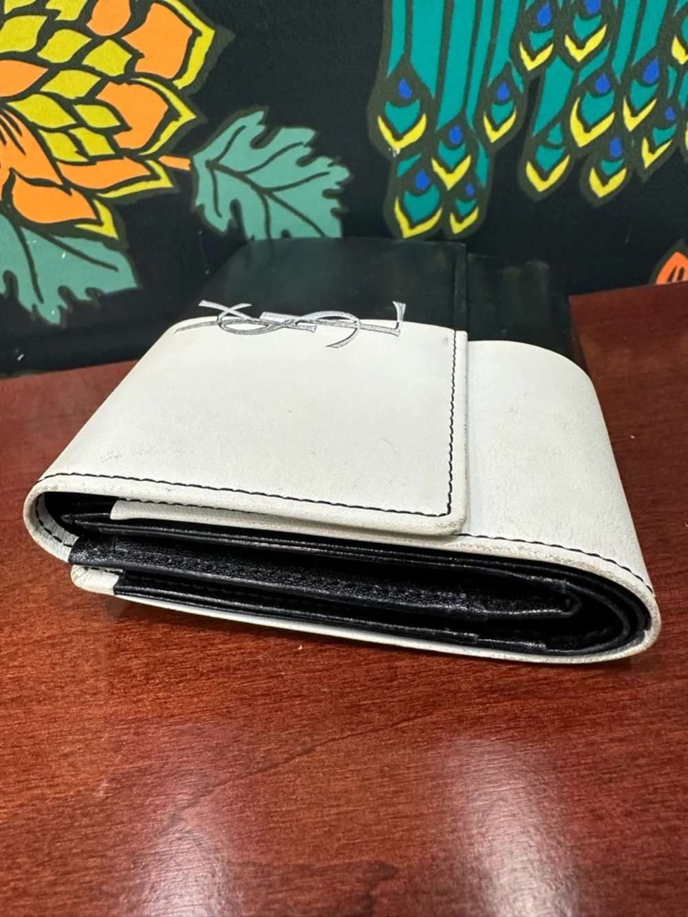 Yves Saint Laurent YSL Leather Wallet Black White Logo Trifold - Picture 7 of 12